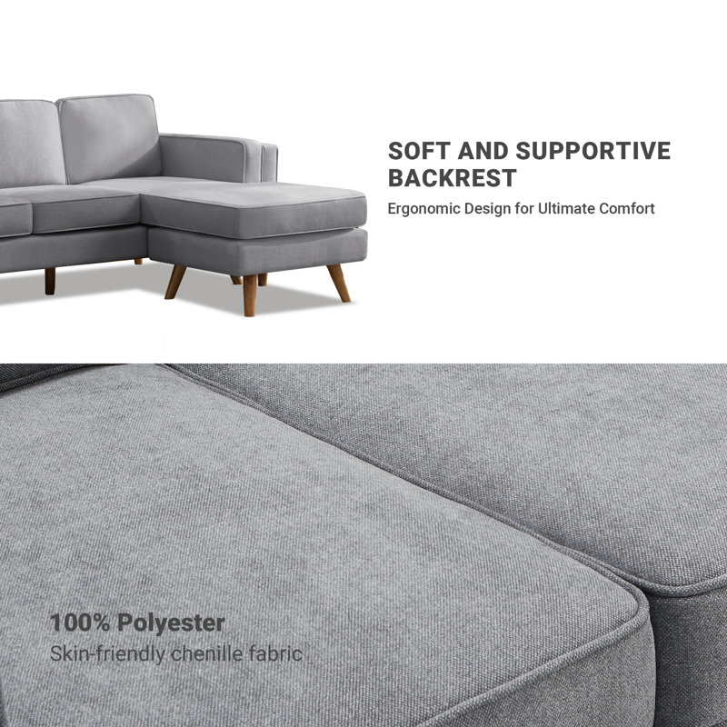 84'' Upholstered Reversible Sectional Sofa with Chaise, Movable Ottoman, Solid Wood Legs and Frame, Light Gray Chenille