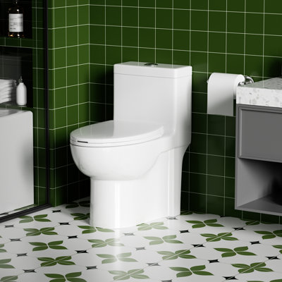 Toilettes allongées monobloc 1,1 / 1,6 GPF Tornado à double chasse 1000g au sol, bouton sur le débardeur, siège de siège confortable de 17 po de hauteur ADA, siège à fermeture douce inclus, blanc brillant. 