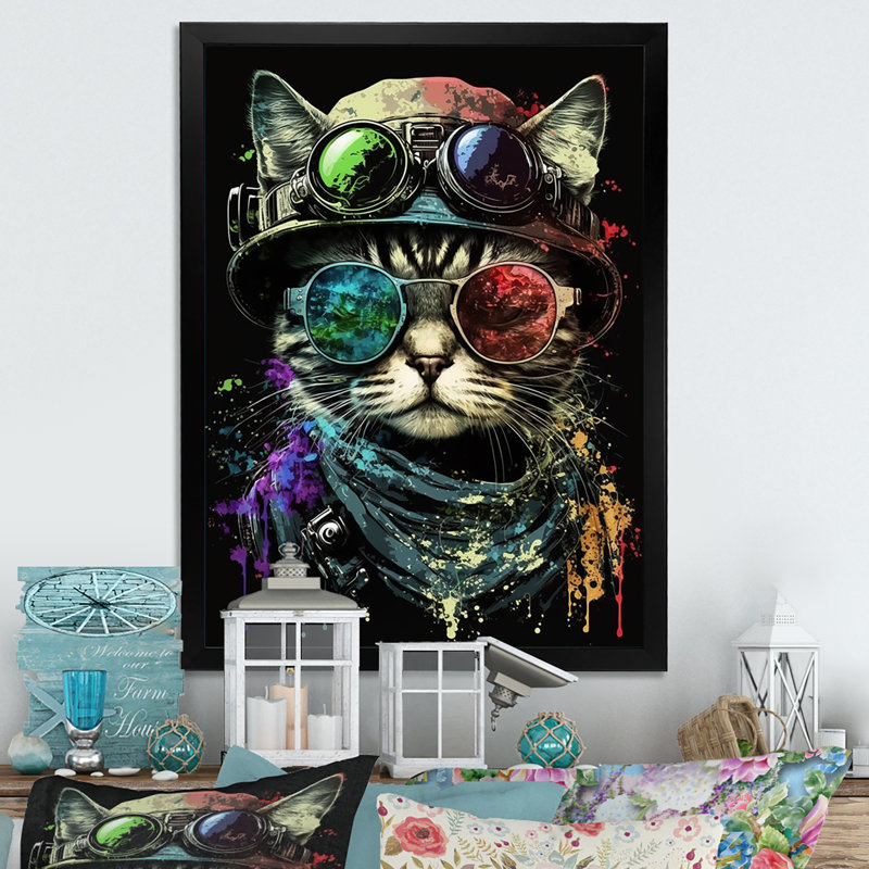Chat bohémien avec lunettes de soleil III - reproduction sur toile, L 16 po x H 32 po, Cadre noir