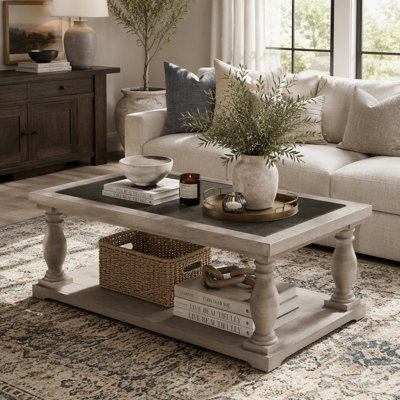 Farmhouse Rectangular Coffee Table with Turned Spindle Legs and 2-Tier Storage in Dark Finish