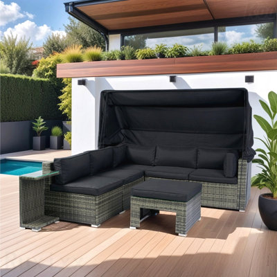 Ensemble de meubles de patio 7 pièces en osier gris et coussins noirs avec canapé modulaire en rotin et osier rétractable avec coussins lavables pour pelouse et jardin