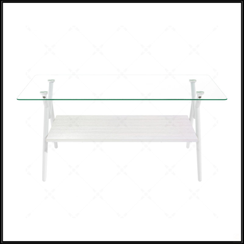 Rectangle Coffee Table With Tempered Glass Top And White Metal Legs, White, Transparent