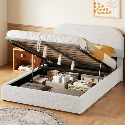 Hydraulic Storage Full Size Bed With Cozy White Fleece Upholstery And Reliable