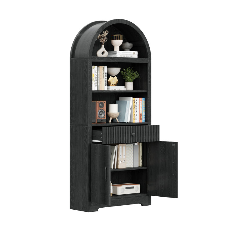 70.86''H Arched Storage Bookcase With Fluted Door And Drawer, Black