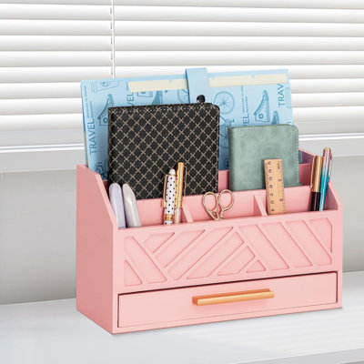 Pink Wooden Desk Organizer With Drawer, Mail & File Holder, Modern Desktop Organizer For Office Supplies & Workspace Storage