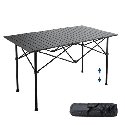 Table de camping légère à roulettes en aluminium portable, sac de transport à hauteur réglable pour roulettes, naturel