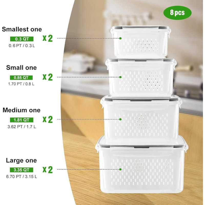 4 PCS Fruit Storage Containers for Fridge with Removable Colander