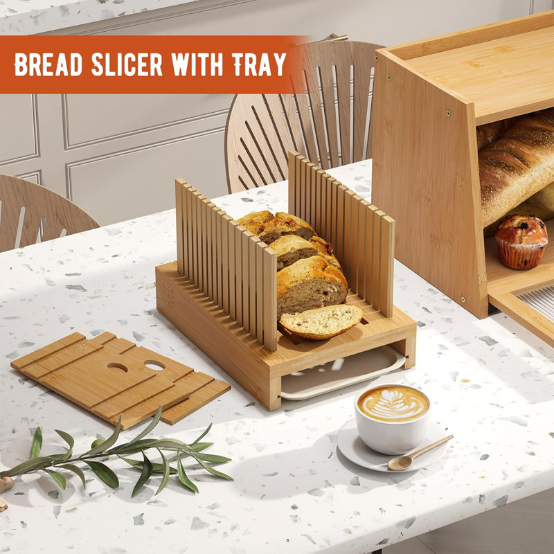 Bamboo Bread Slicer With Adjustable Guide And Tray For Homemade Bread, Cakes, Bagels