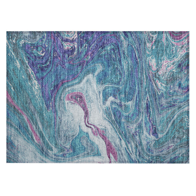Teal Abstract Washable Synthetic Rectangular Rug 30" x 20"
