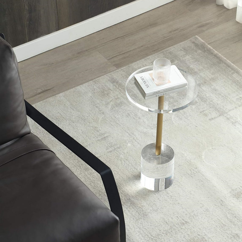 Table d'appoint ronde en acrylique et en métal avec base solide, table d'appoint moderne Glam pour le salon et la chambre à coucher - Plateau transparent transparent avec accent doré