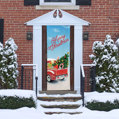 Christmas Door Wrap Decoration - Red Truck With Tree - 80" X 26" Front Door Cover