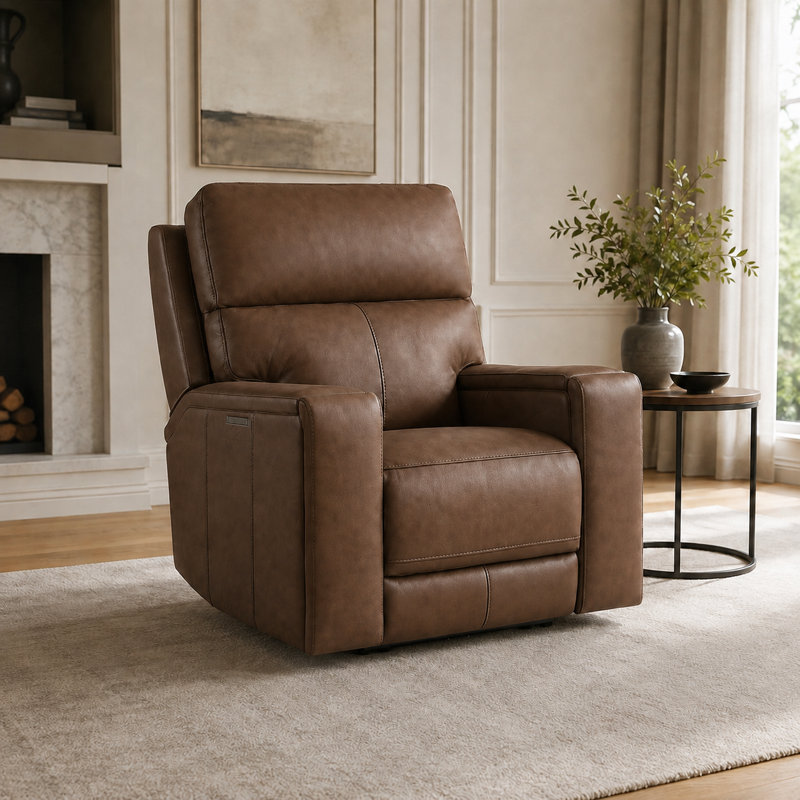 Fauteuil inclinable électrique en cuir fleur avec appui-tête réglable et zéro gravité, Brun