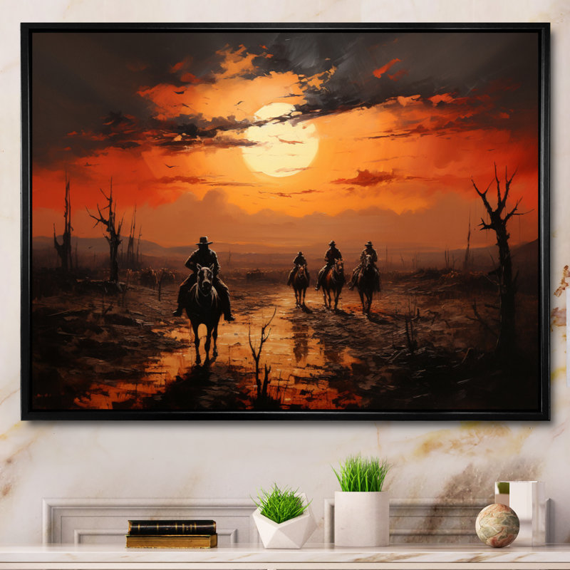 Western Sunset Riders Pointillism Art I - décoration murale occidentale, H 24 po x l 32 po x P 1 po, Cadre flottant noir