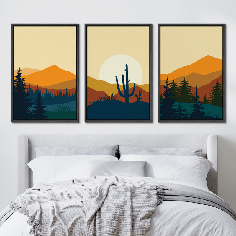 «Southwest Desert Plant Mountain Landscape Nature», impression numérique sur toile 3 pièces, Reproduction avec cadre flottant