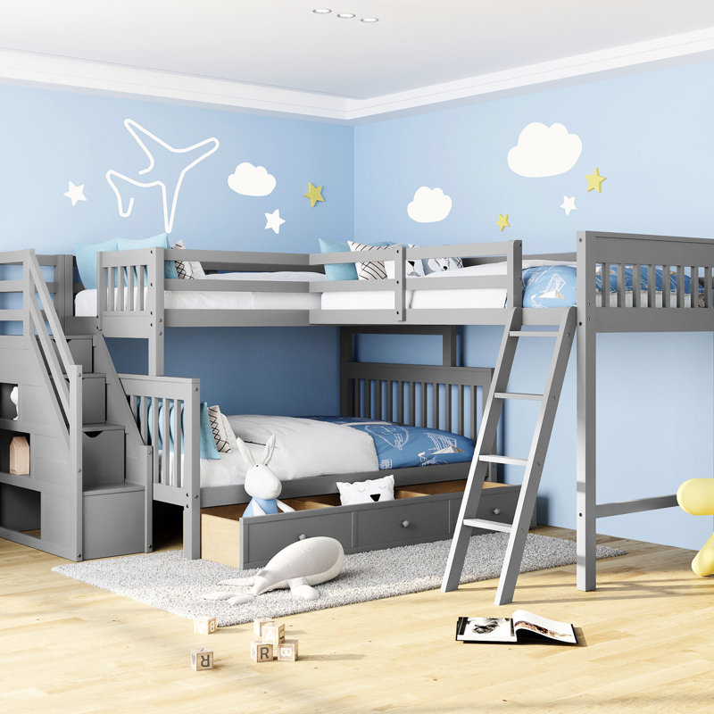 Lit superposé simple au-dessus d'un lit double gris avec 3 tiroirs. Cadre en bois massif. Options de rangement supplémentaires. Garde-corps. 118,3 L x 96,8 l 61,2 H. Assemblage requis tiroirs et escalier. Structure. Espace. Garde-corps pour.