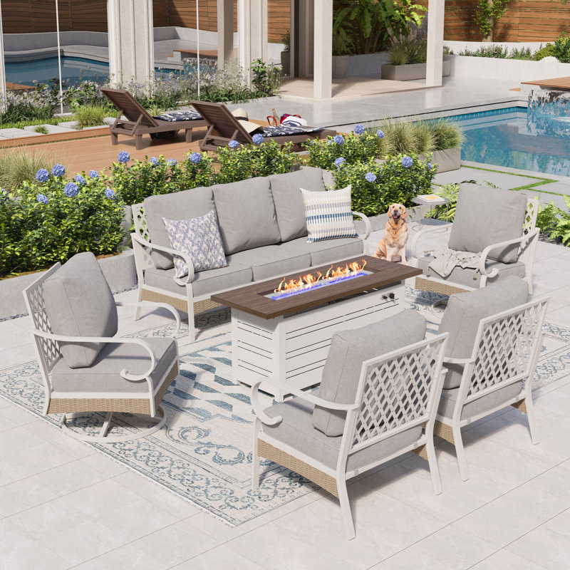 7 - Person Outdoor Patio Conversation Set With 2 Swivel Lounge Chairs & Fire Pit Table, White/Gray/Brown