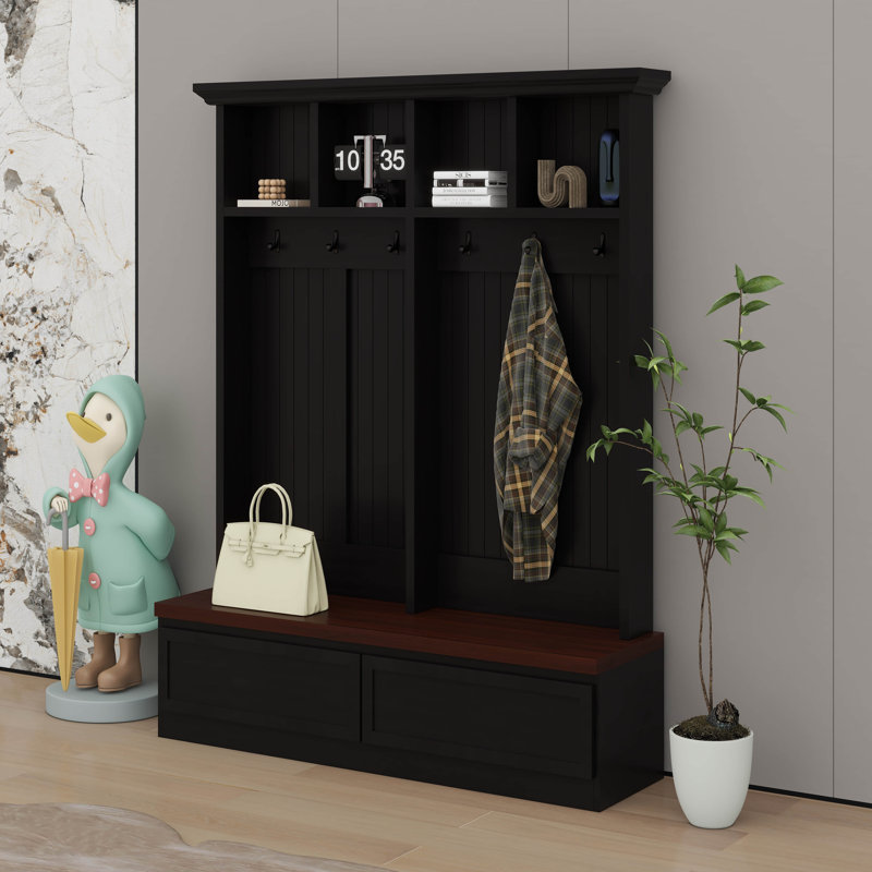 Portemanteau en bois avec banc et tiroirs de rangement Farmhouse, portemanteau 4-en-1, Noir