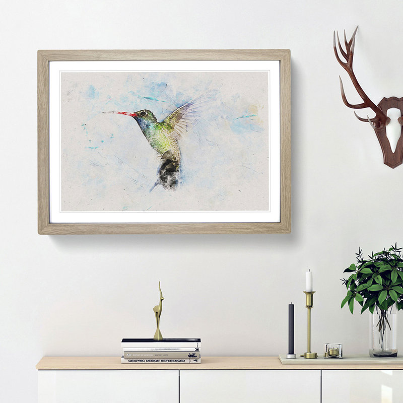 Hummingbird Paint Smudge - Picture Frame Painting Print, Oak Framed, 45cm H x 63cm W x 2cm D