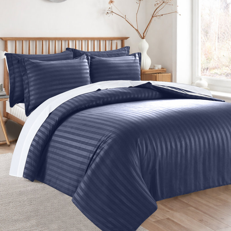 Microfiber 250 TC Reversible Stripe Duvet Cover Set with Pillowcases, Navy, Double Duvet Cover + 2 Standard Pillowcases