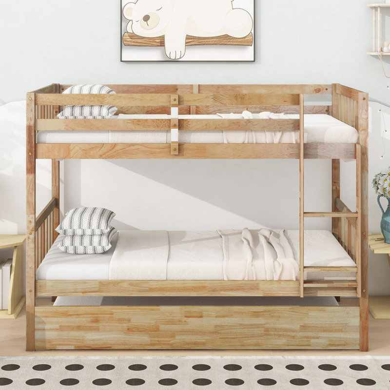 Lit superposé simple en bois d'hévéa avec lit gigogne, convertible en 2 lits simples, lit superposé simple avec échelle et garde-corps de sécurité