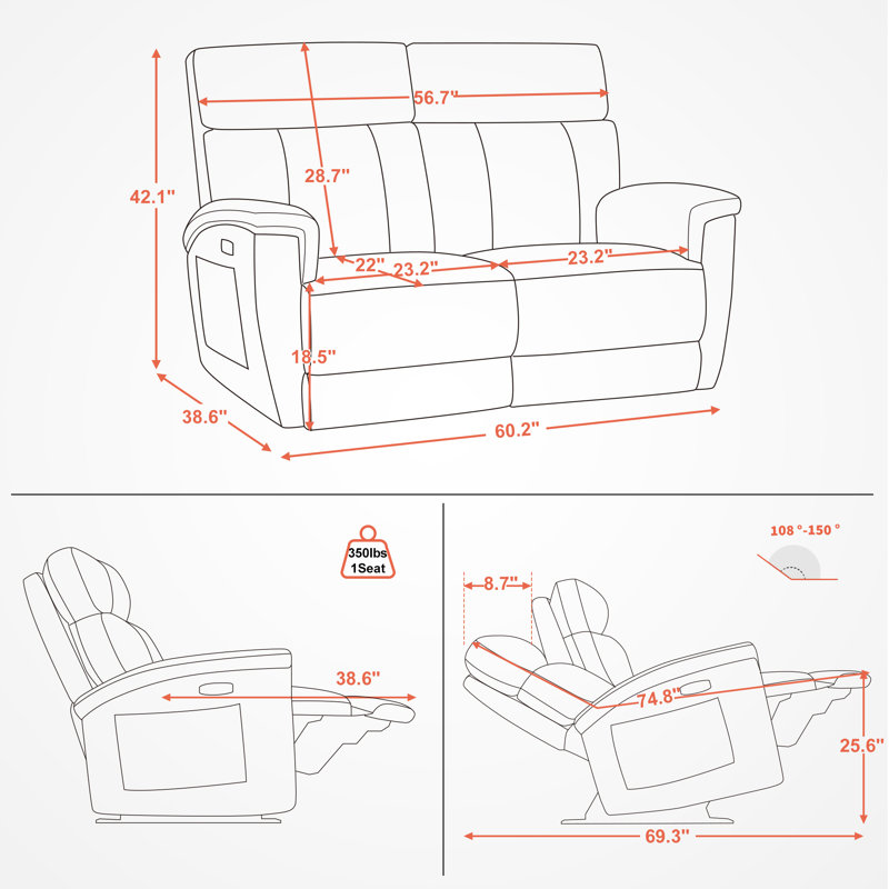 60.2" Power  Recliner Loveseat Sofa with Vibration, Dual Heating, Adjustable Headrest, Fabric, Dark Gray