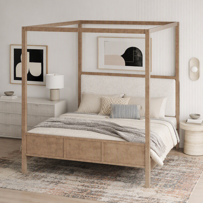 Lit plateforme à baldaquin en bois avec tête de lit tapissier, Noyer naturel, Grand lit