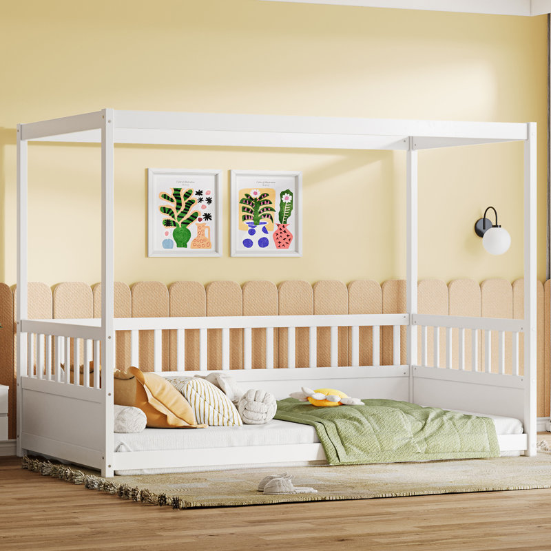 Twin Size Wood Canopy Floor Bed with Guardrails, Montessori Four-Poster Bed Frame for Kids Low Profile Design(Twin), White