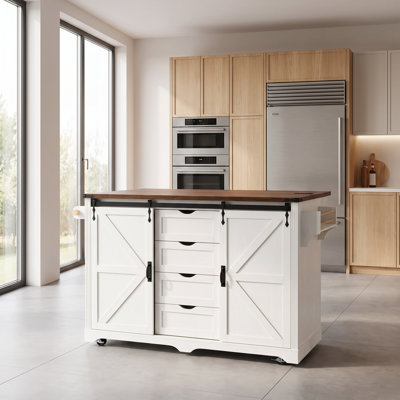 72 Inch Farmhouse Rolling Kitchen Island with Refrigerator Nook and Power Outlet, Mobile Coffee Bar Cabinet with 4 Drawers, Sliding Barn Door, Glass Storage Rack, Drop Leaf Extension, Multi-Function Island Table, White