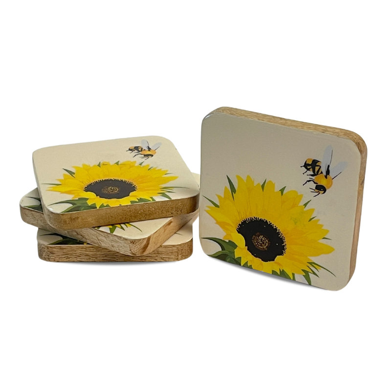 Mango Wood 4 x 4 Sunflower Bee Coasters