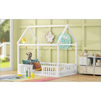 Full Size Wood House Bed With Fence And Door