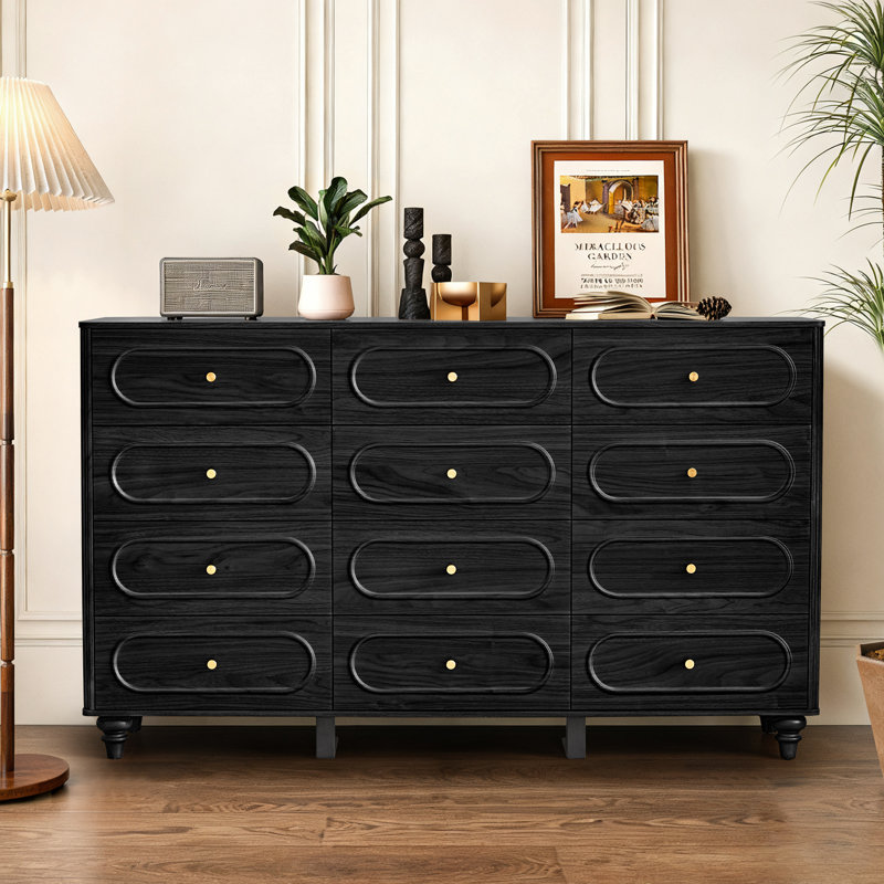 Commode 12 tiroirs de style minimaliste rétro, Noir