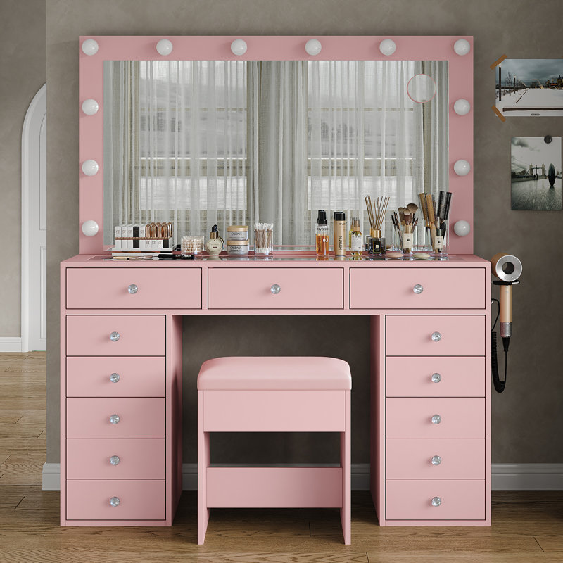 13 Drawers Vanity Desk, Makeup Vanity With Power Outlet, Vanity Table With Mirror And 12 LED Bulbs, 3 Lighting Modes, Glass Top Dressing Table With Chair