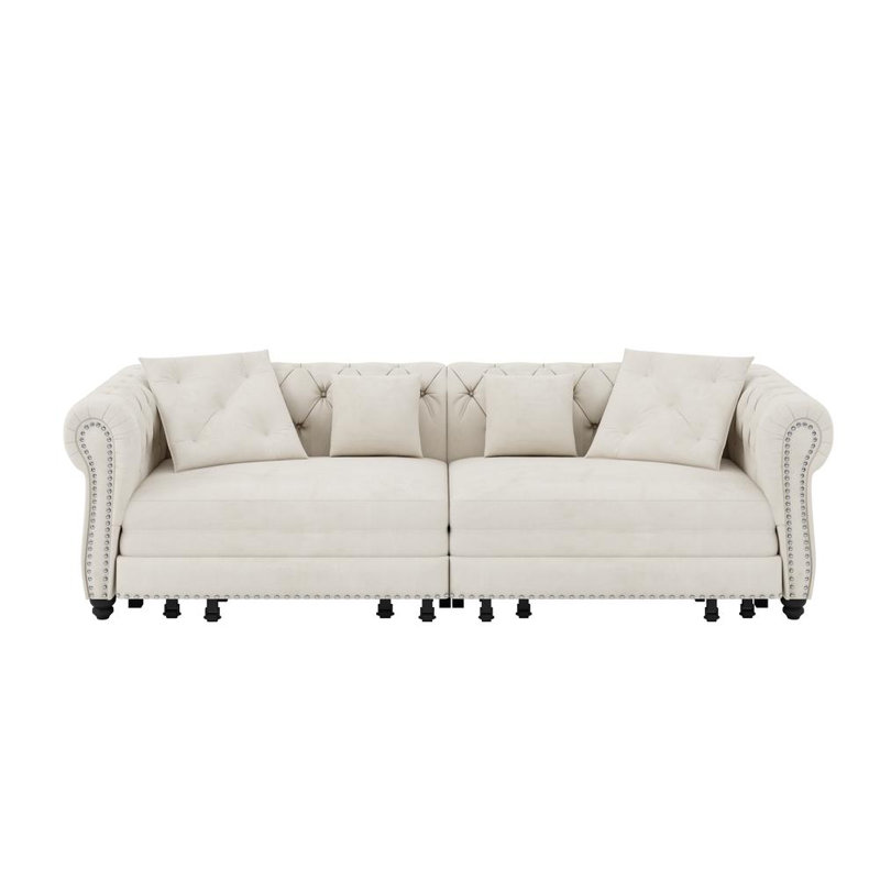 89" Wide Pull Out Sofa Bed, Beige Velvet