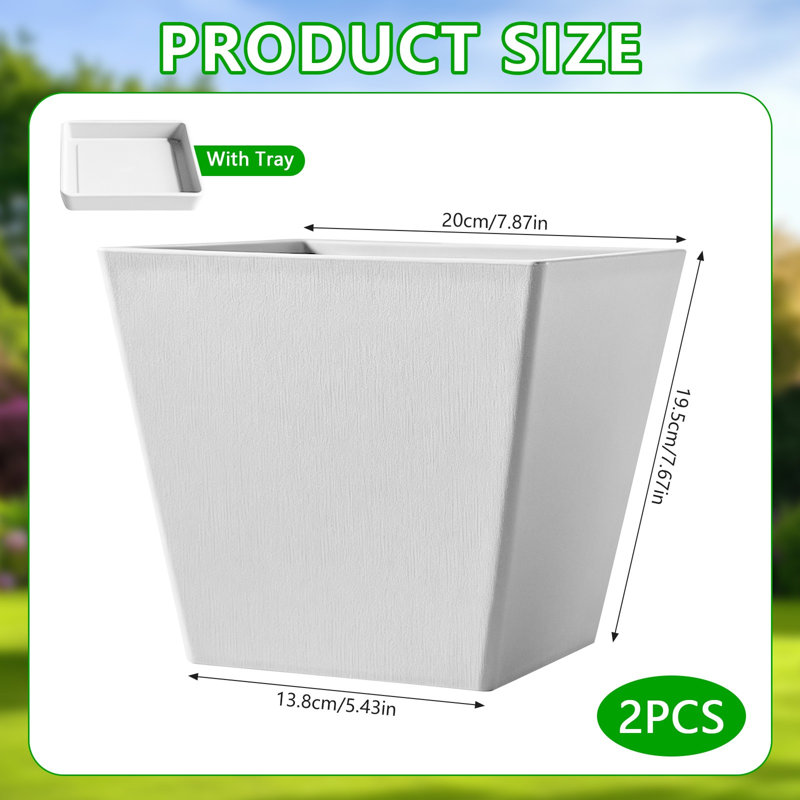 Paquet de 2 pots de fleurs carrés en plastique - Pots de fleurs pour le jardin intérieur et extérieur, Blanc / Blanc