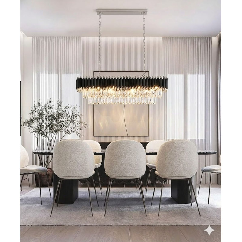 Lustre 12 lumières avec cristal transparent de forme rectangulaire, Noir / chrome