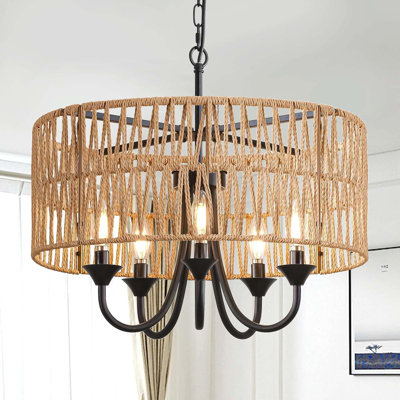 Lustre de style champêtre Boho avec abat-jour en rotin tissé à la main - Luminaire suspendu à hauteur réglable 5 lumières pour salle à manger, îlot de cuisine et salon