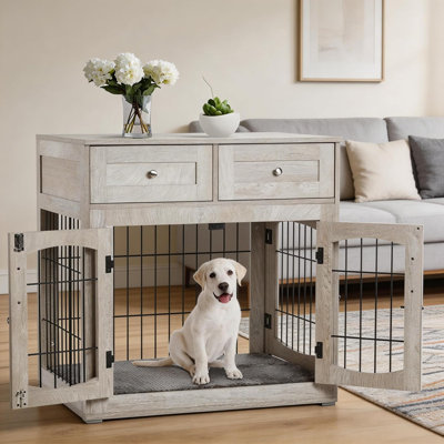 3-Door Wooden Dog Crate Furniture with 2 Drawers & Cushion, Indoor Dog Kennel End Table