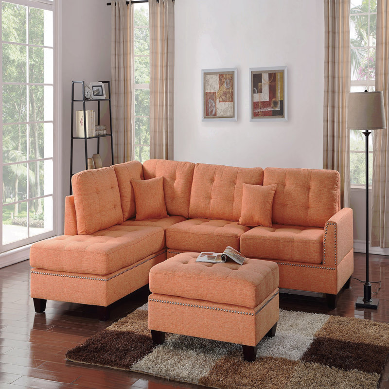 Canapé modulaire réversible moderne 3 pièces avec méridienne et pouf capitonné en tissu de lin, Orange