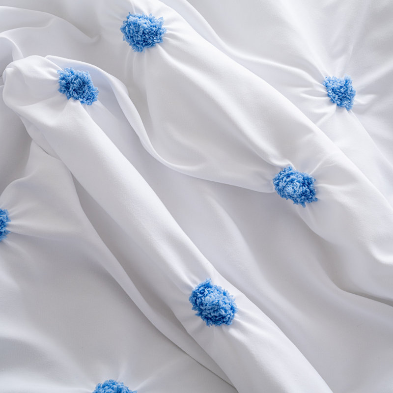 Ensemble de 3 pièces d'édredon en microsuède brodé à plis pincés, Bleu, Édredon pour lit simple + 1 taie décorative stan