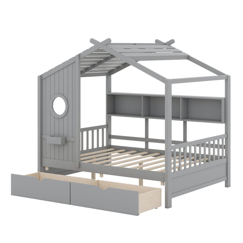 Lit maison en bois, Lit double, Gris