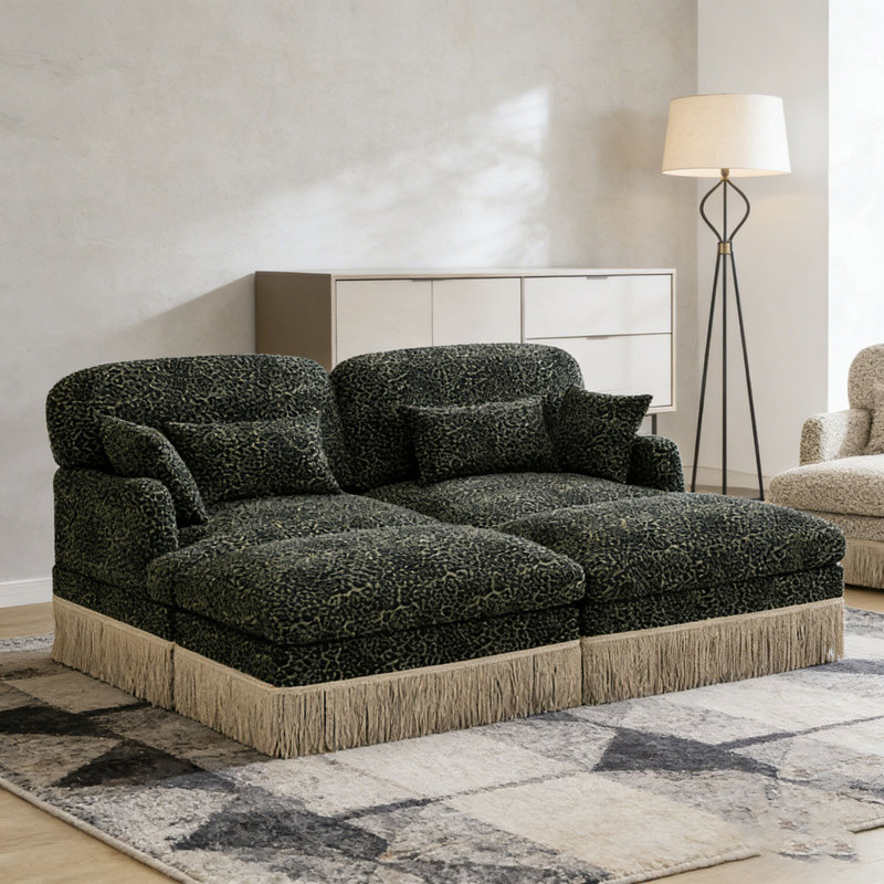Canapé Comfy Chenille Leopard, Green+2seat+2Ottomans