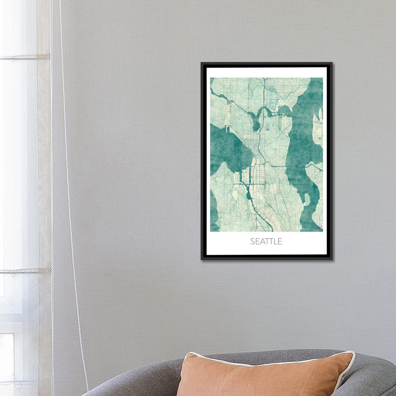 « seattle blue blue blueprint map », impression sur toile, H 26 po x l 18 po x P 1,5 po, Toile avec cadre noir, Pas de tapis