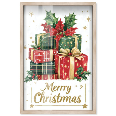Merry Christmas Gift III Shadowbox Print Christmas Wall Decor by Art Remedy, Blonde Frame, 31 x 46