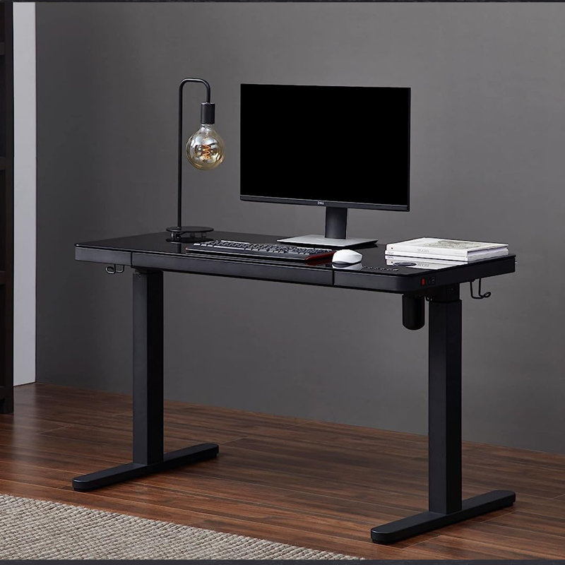 Keb Home Office Tempered Glass Adjustable Standing Desk with Drawer, Black