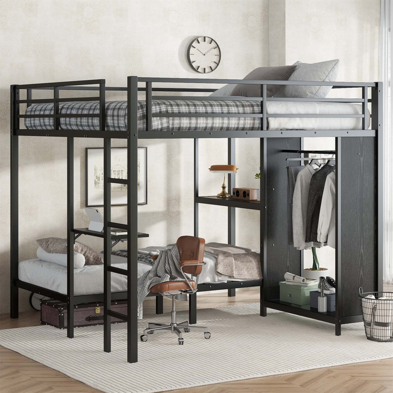 Structure de lit superposé avec garde-robe intégrée, lit superposé en métal avec bureau pliable