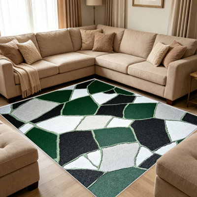 Emerald Green Mosaic area rugs for Living Room, Soft and Comfortable, Suitable for all seasons, easy to maintain, machine washable Indoor floor mat, Under Table Farmhouse suitable for Bedroom, Dining Room, Study,  Balcony, Home Decor Patio