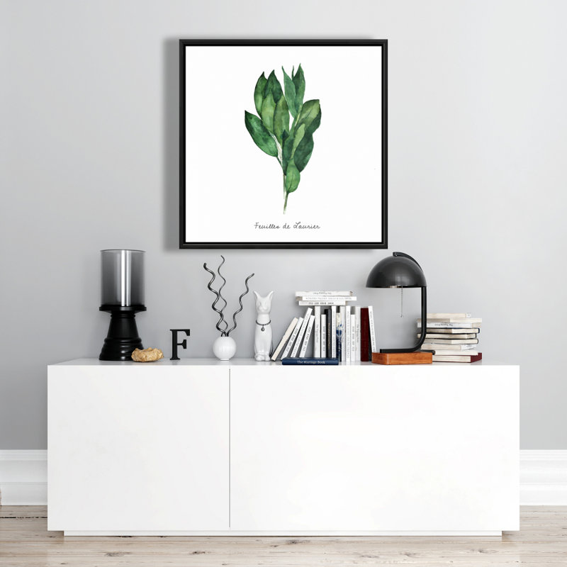 Toile encadrée avec feuilles de laurier | Décoration de cuisine blanche illustrative, H 25,25 po x l 25,25 po