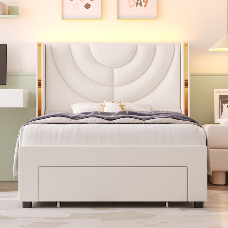 Lit de rangement en velours à oreilles avec 2 tiroirs Sturminster, Crème, Simple