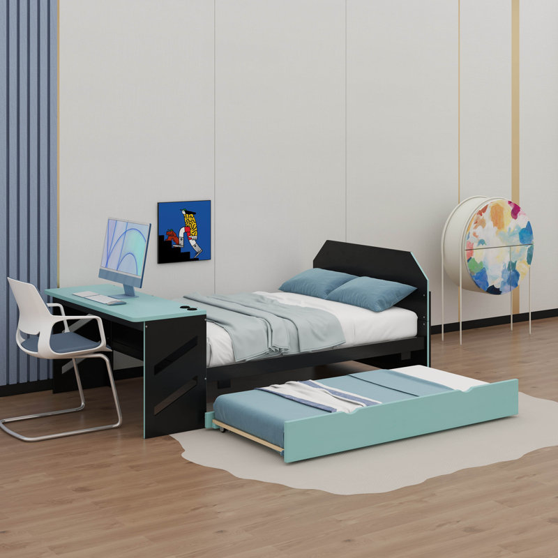 Lit de jour double en bois avec couchette, bureau et port USB, Bleu nuage