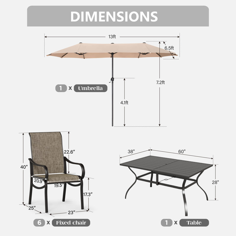 6-person Patio Dining Set With Umbrella, 8 Pcs: Table, 6 Chairs, Umbrella, Beige